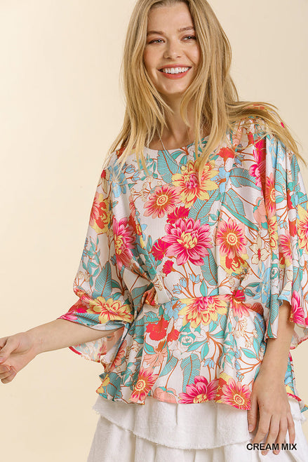 Kimono Sleeve Top w/Peplum Hem (Cream)