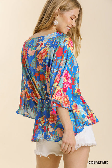 Kimono Sleeve Top w/Peplum Hem (Cobalt Blue)