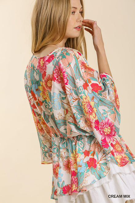 Kimono Sleeve Top w/Peplum Hem (Cream)