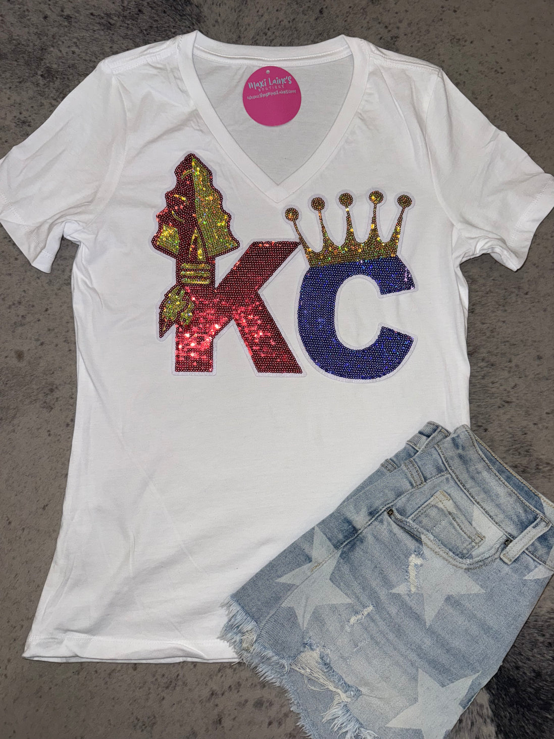 KC Combo Chiefs and Royals V-Neck Tee w/Sequin Patch