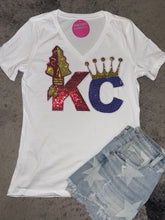 Load image into Gallery viewer, KC Combo Chiefs and Royals V-Neck Tee w/Sequin Patch
