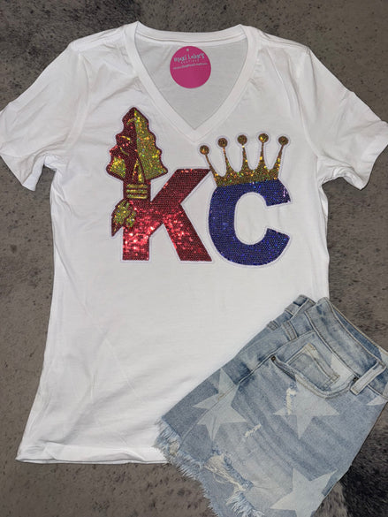KC Combo Chiefs and Royals V-Neck Tee w/Sequin Patch