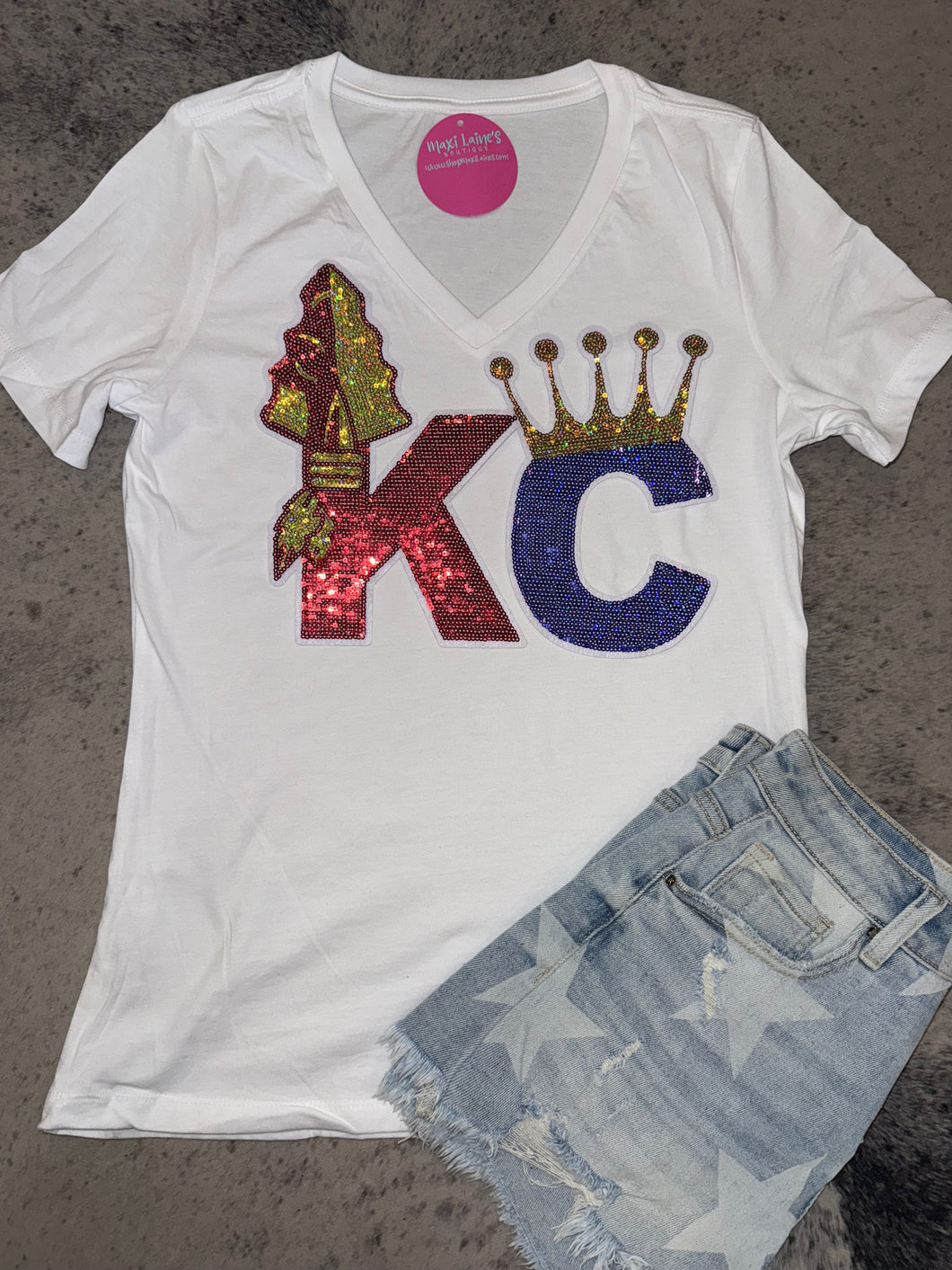 KC Combo Chiefs and Royals V-Neck Tee w/Sequin Patch
