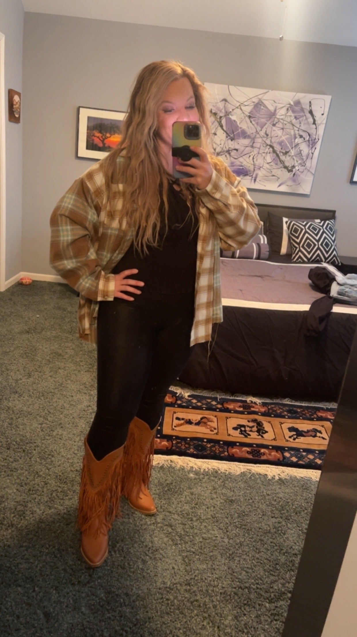 Color Block Plaid Button Down