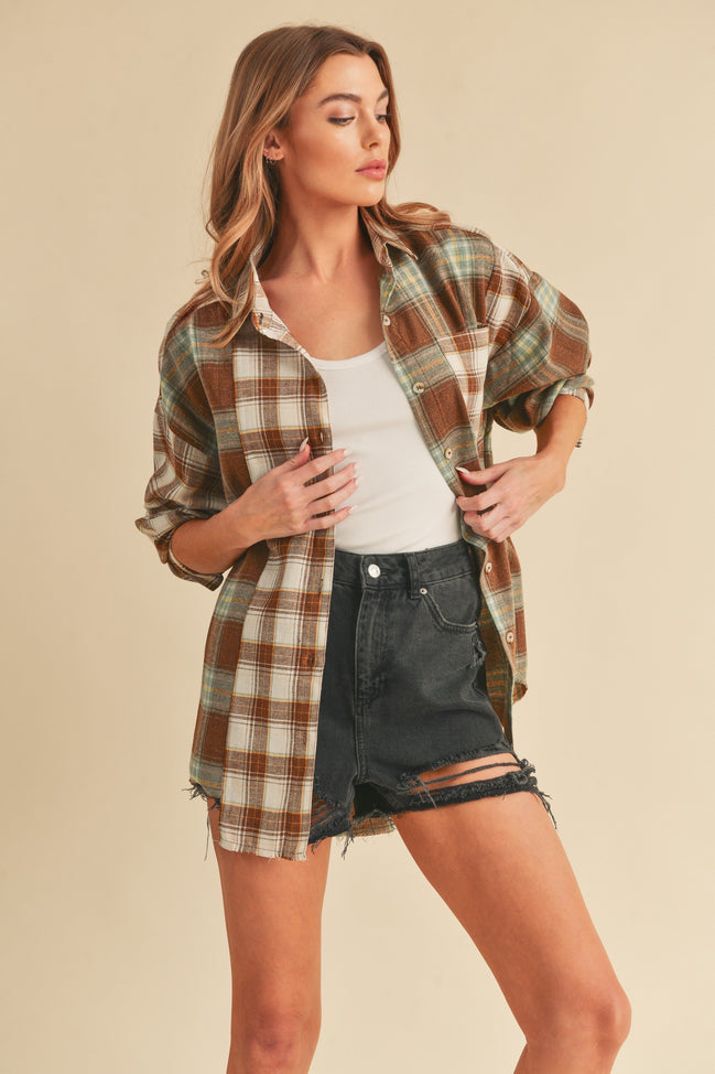 Color Block Plaid Button Down