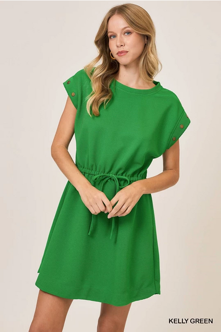 Casual Ribbed Knit Drawstring Dress (Green)