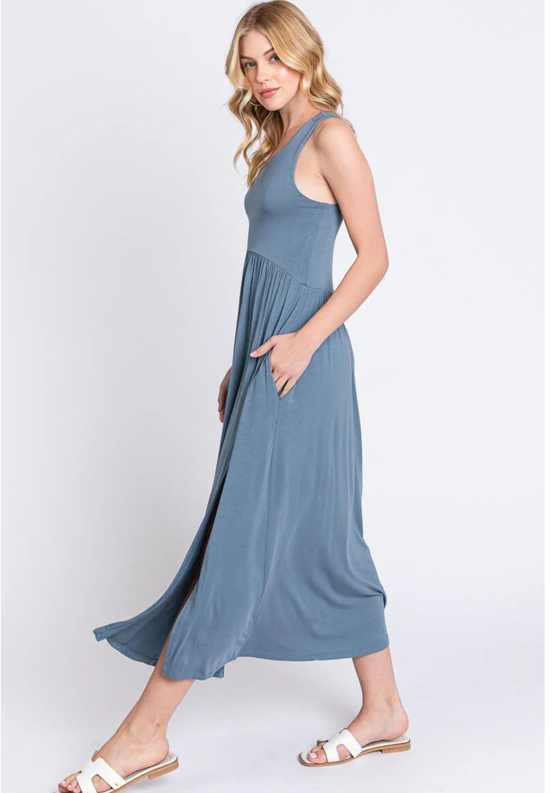 Sleeveless Midi Dress with Side Slit Detail