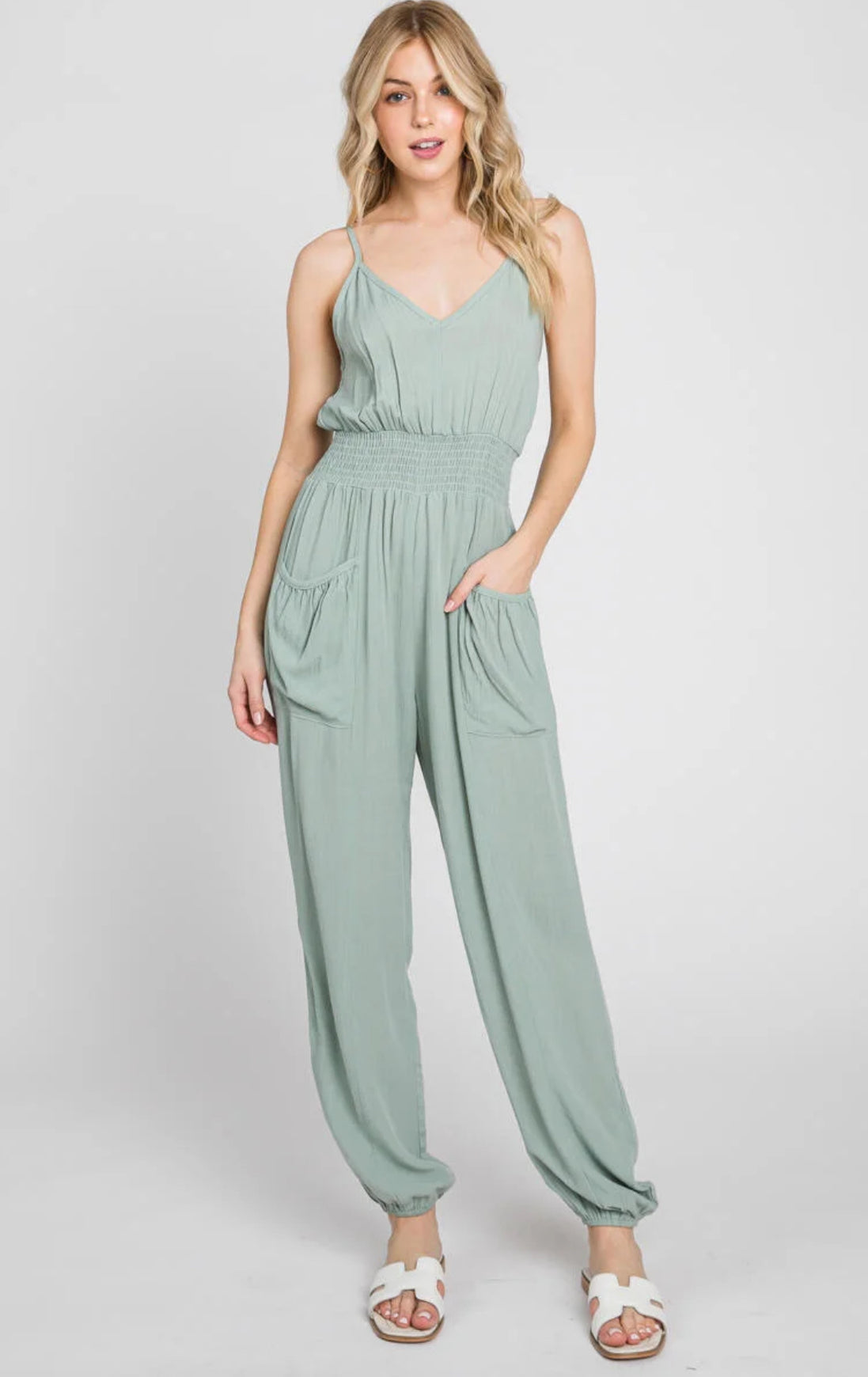Smocked Waist Jumper with Patch Pockets
