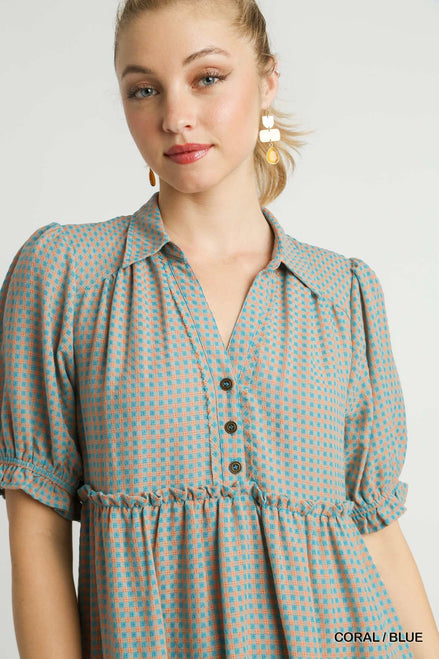 Ruffle Trim Collar Dress (Coral/Blue)
