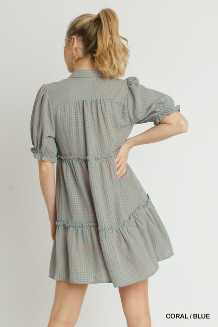 Ruffle Trim Collar Dress (Coral/Blue)