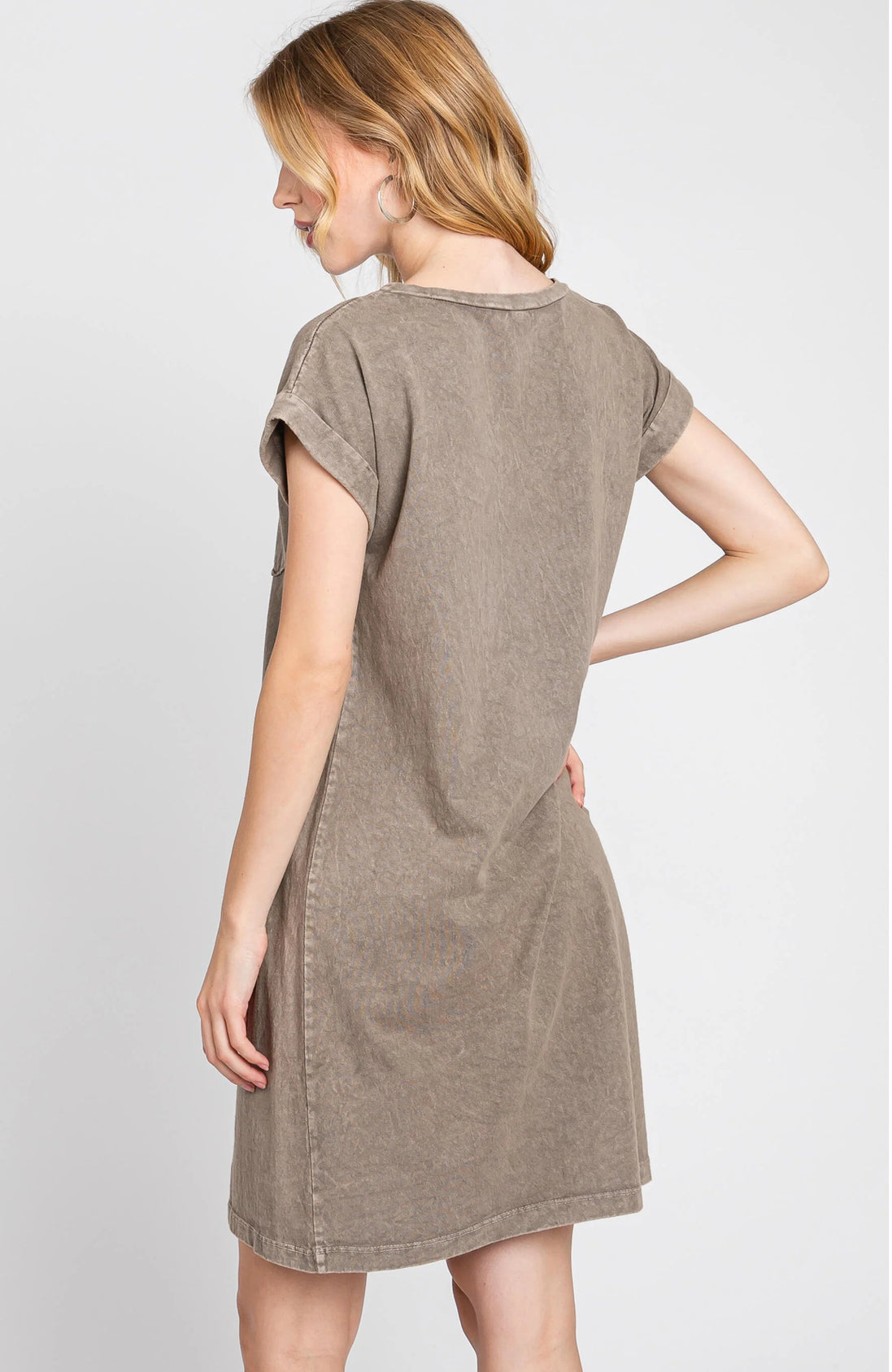 Rolled Sleeve Dress w/Front Pocket