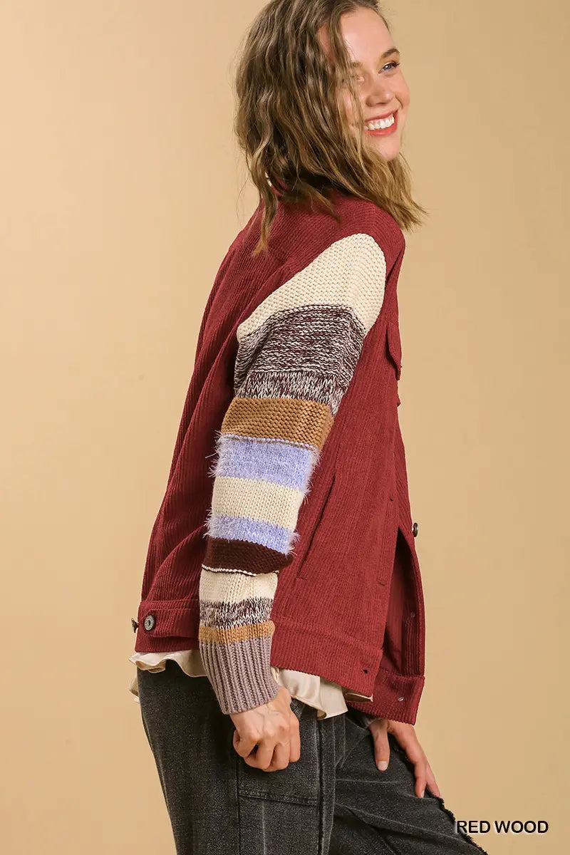 Red Knit Sleeve Button Down Jacket