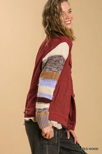 Red Knit Sleeve Button Down Jacket
