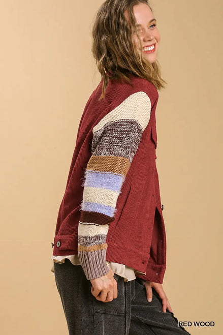 Red Knit Sleeve Button Down Jacket