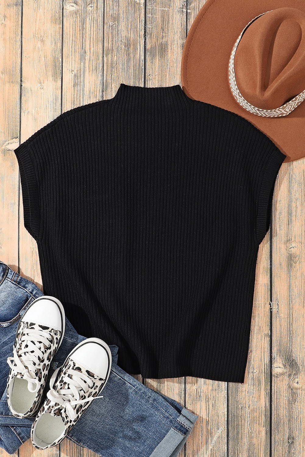 Ribbed Short Sleeve Knit Sweater