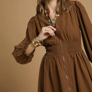 Brown Zip-Front Smocked Waist Mini Dress