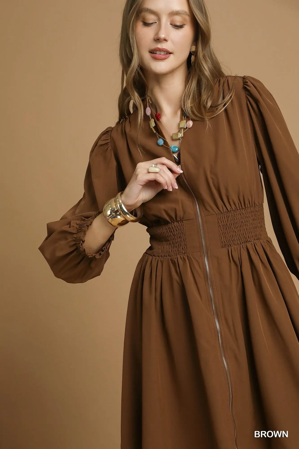 Brown Zip-Front Smocked Waist Mini Dress