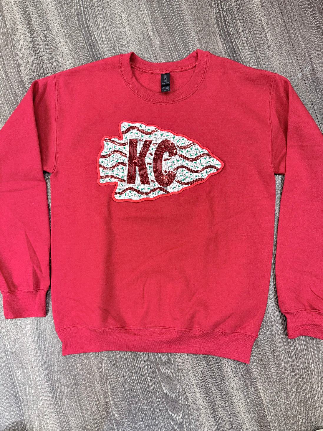 Sequin Holiday Arrowhead Cake Chiefs Sweatshirt