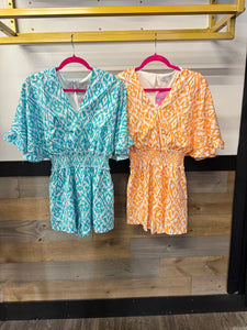 Kimono Sleeve V-Neck Romper w/Smocked Waist (Apricot)
