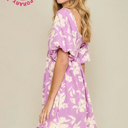 Floral Print Dress with Scalloped Edges (Purple)