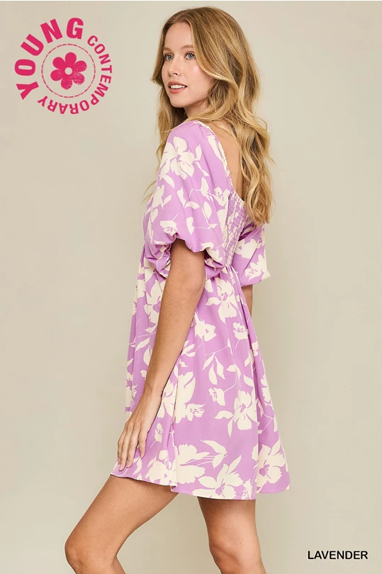 Floral Print Dress with Scalloped Edges (Purple)