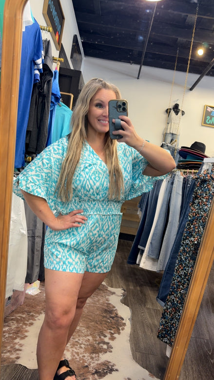 Kimono Sleeve V-Neck Romper w/Smocked Waist (Aqua)