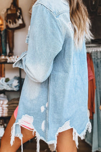 Distressed Mineral Washed Long Denim Jacket