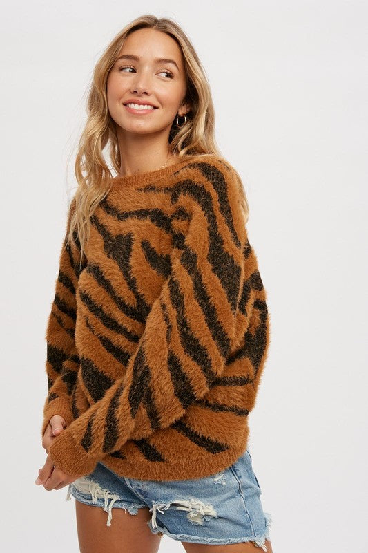 Twist Back Fuzzy Zebra Sweater