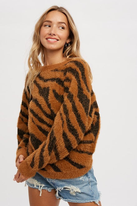 Twist Back Fuzzy Zebra Sweater