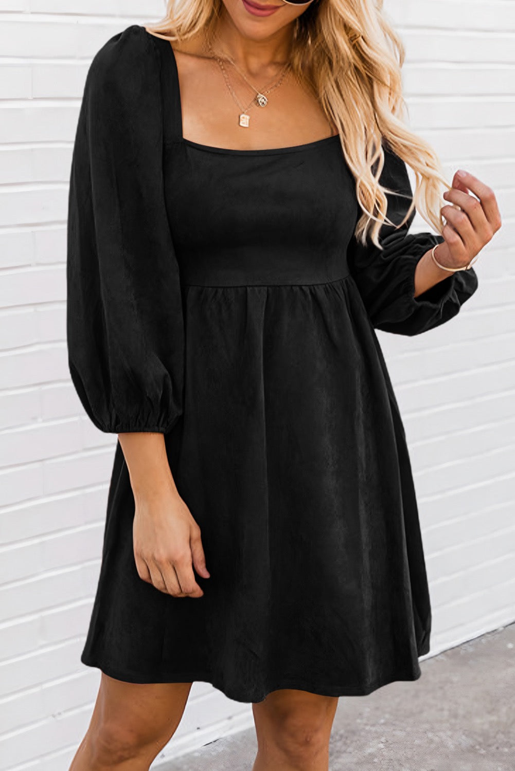 Suede Square Neck Puff Sleeve Dress Black / Small Suede Square Neck Puff Sleeve Dress Black / Small