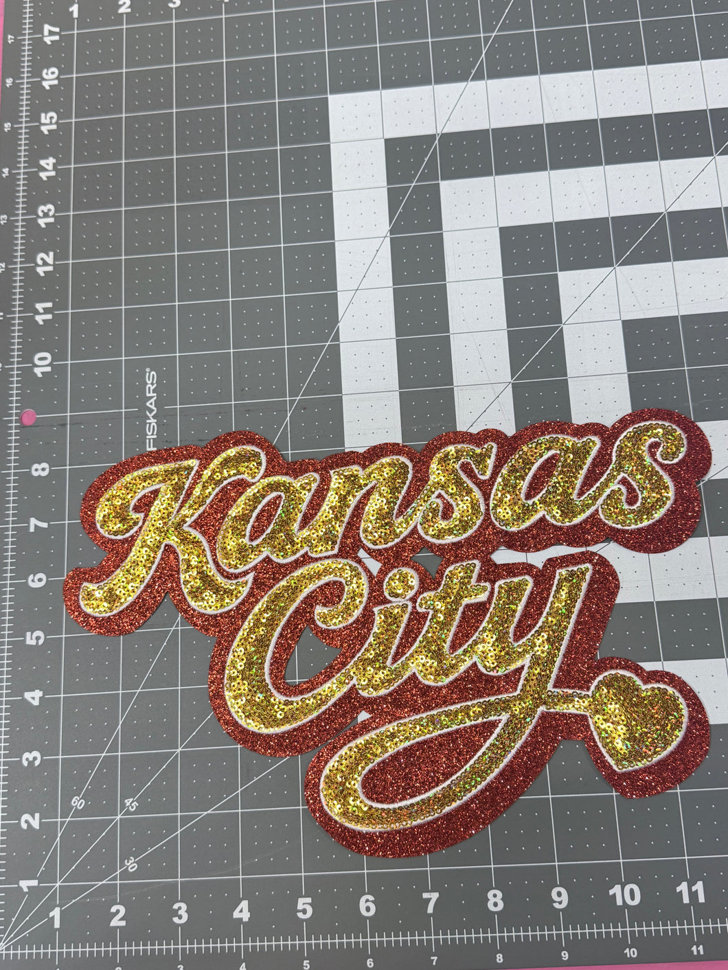 Sequin Kansas City Script w/Red Embroidered  Outline Large Patch