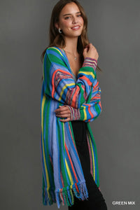 Green Mix Multi Stripe Cardigan Sweater with Fringe