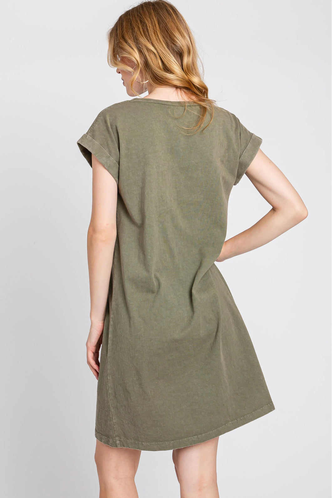 Rolled Sleeve Dress w/Front Pocket