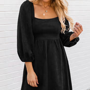 Suede Square Neck Puff Sleeve Dress