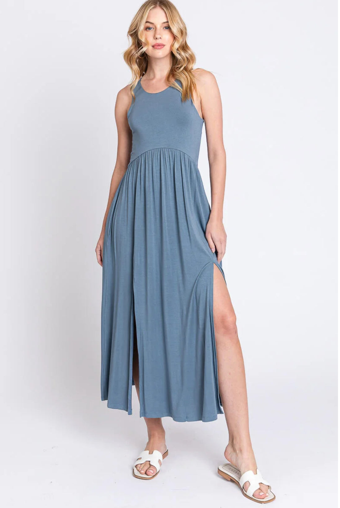 Sleeveless Midi Dress with Side Slit Detail