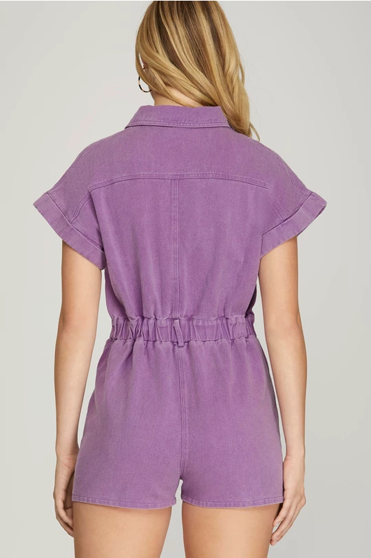 Short Sleeve Washed Romper w/Pockets