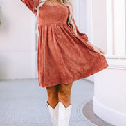Suede Square Neck Puff Sleeve Dress