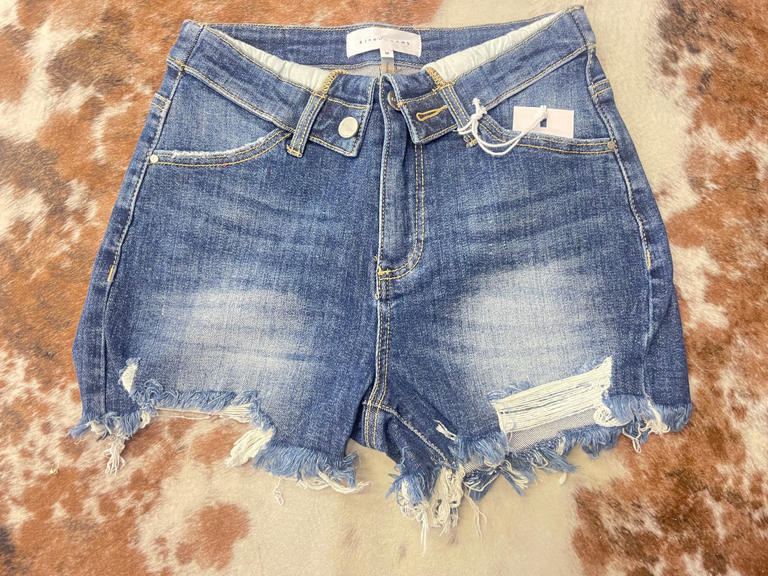 RISEN High Rise Fold Over Waist Denim Shorts (MEDIUM WASH)