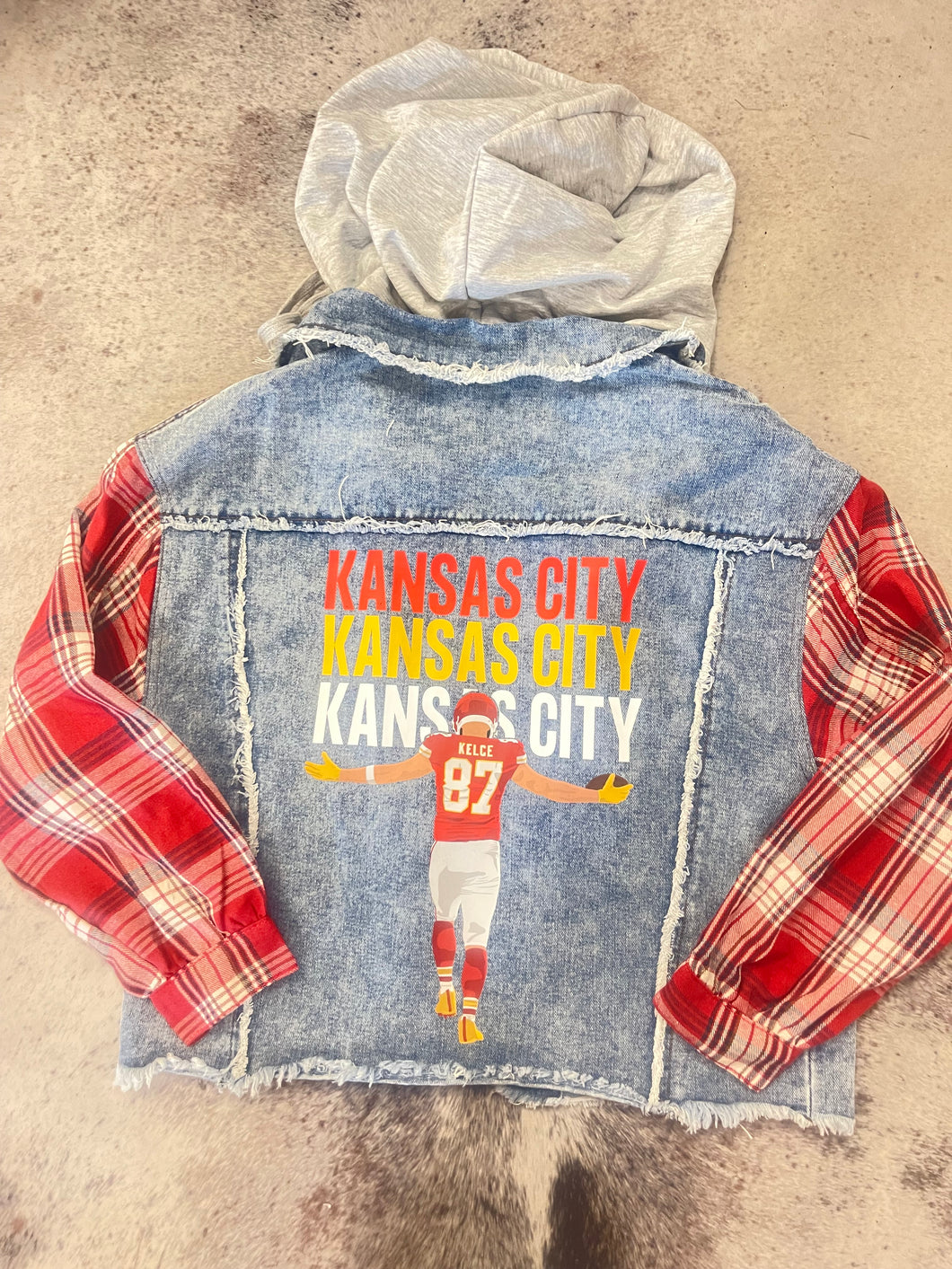 Kansas City+Kelce Plaid Sleeves Denim Jacket