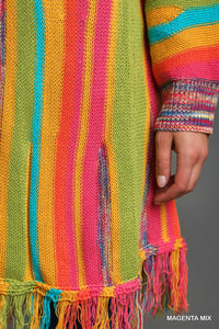 Magenta Mix Multi Stripe Cardigan Sweater with Fringe
