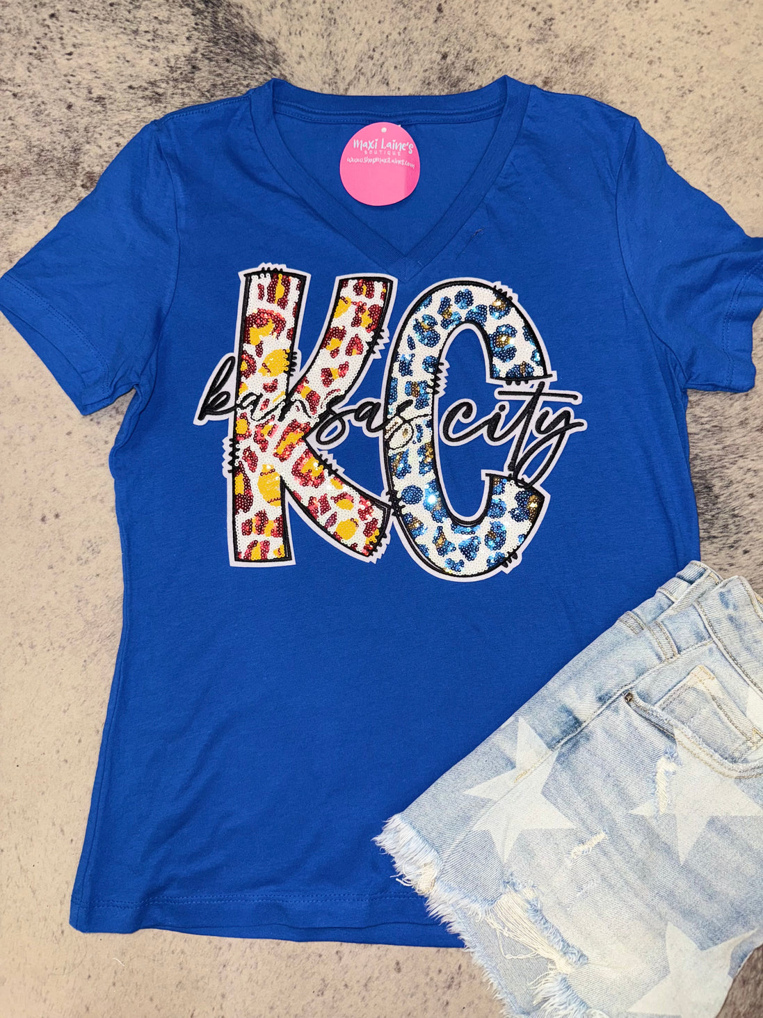 KC Leopard Combo Chiefs Royals V-Neck Tee w/Sequin Patch