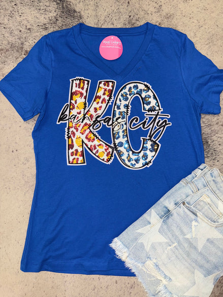 KC Leopard Combo Chiefs Royals V-Neck Tee w/Sequin Patch