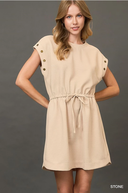Casual Ribbed Knit Drawstring Dress (Khaki)