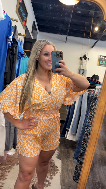 Kimono Sleeve V-Neck Romper w/Smocked Waist (Apricot)