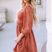 Suede Square Neck Puff Sleeve Dress