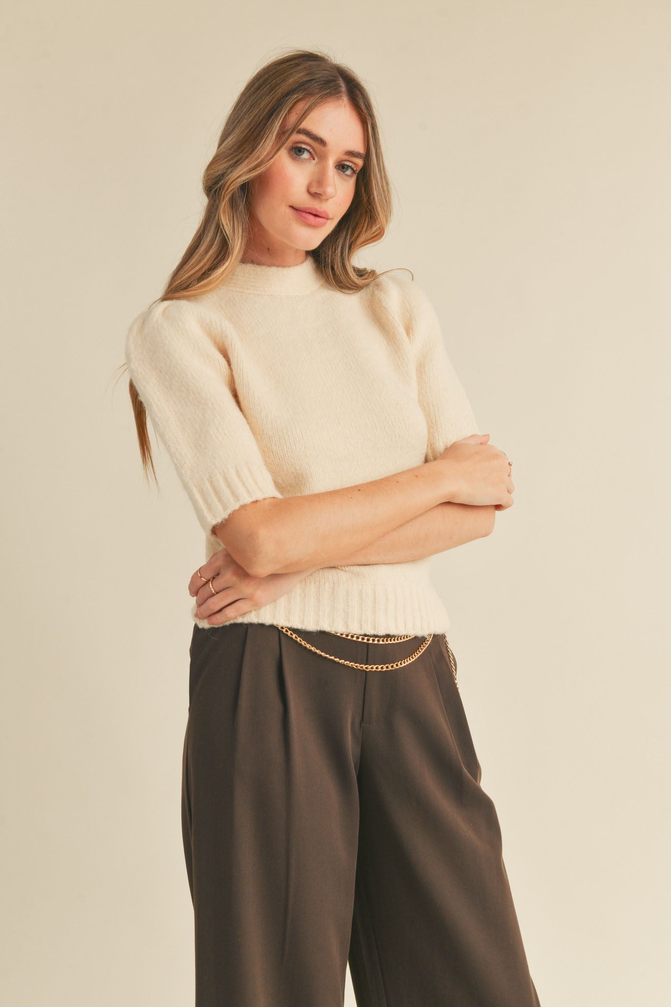 Short Sleeve Sweater with Mock Neck