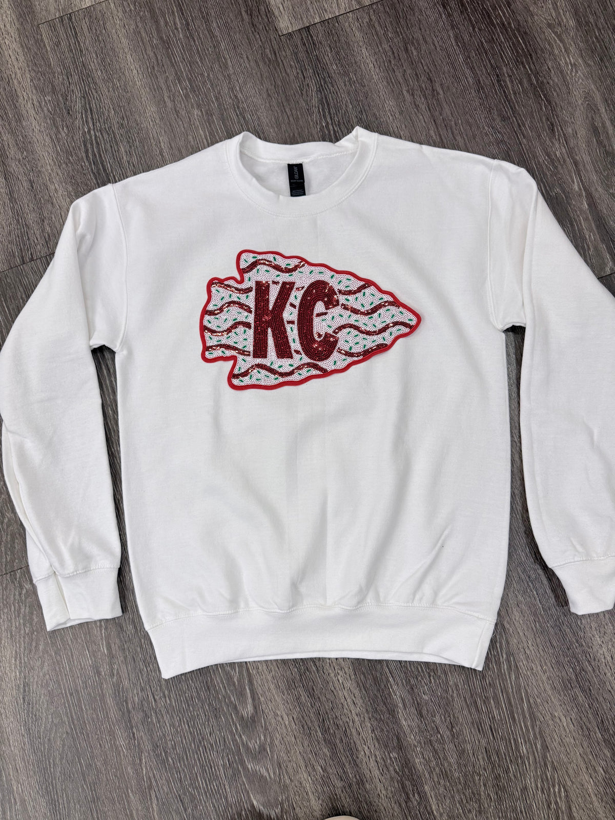 Sequin Holiday Arrowhead Cake Chiefs Sweatshirt