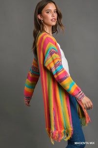 Magenta Mix Multi Stripe Cardigan Sweater with Fringe