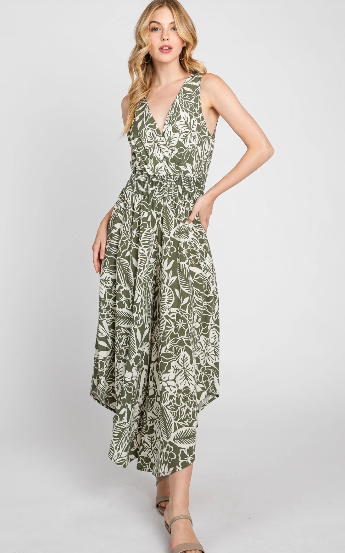 Sleeveless Jumpsuit w/Waist Smocking (green)