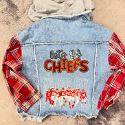 Plaid Sleeve Denim Jacket- Lets Go Chiefs and Kansas City+Players